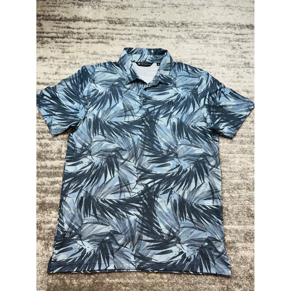 Travis Matthew Polo Shirt Mens L Blue Palm Leaf Tropical Print Performance Golf - Picture 2 of 7